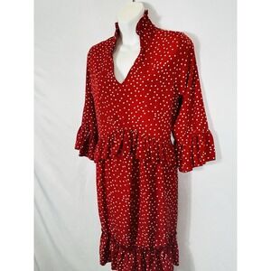 Unbranded Red Polka Dot Ruffle Tiered Dress Size L Plunge Collar Twee Secretary